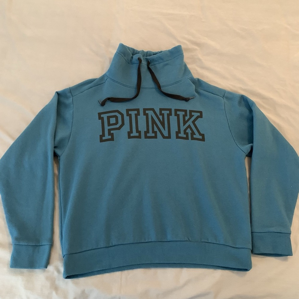 PINK Victoria's Secret Sweatshirt Womens Medium Blue Funnel Neck Logo Fleece